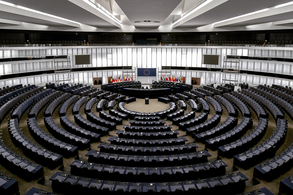 Totale in den Plenarsaal des Europäischen Parlaments in Straßburg (Frankreich). 